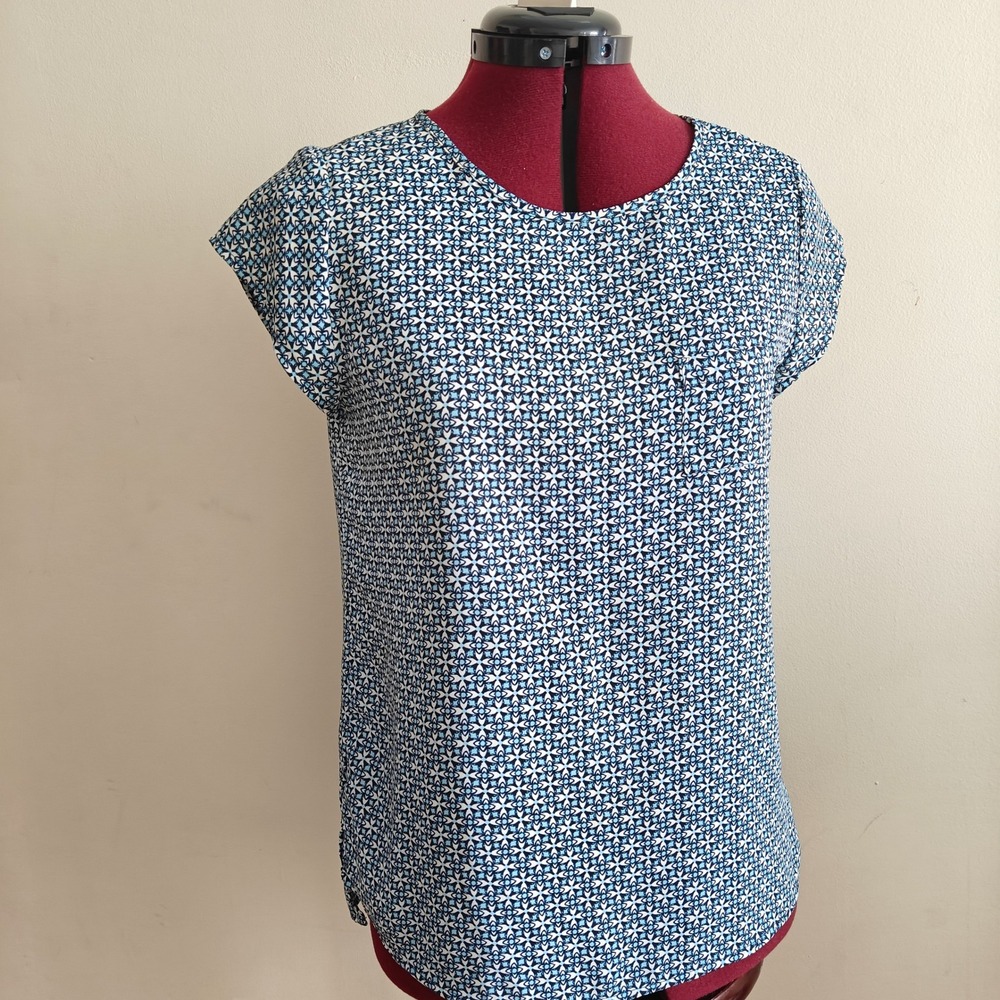 The Limited Women's Blouse Geometric Print Cap Sleeve Top Flowy XS Blue White